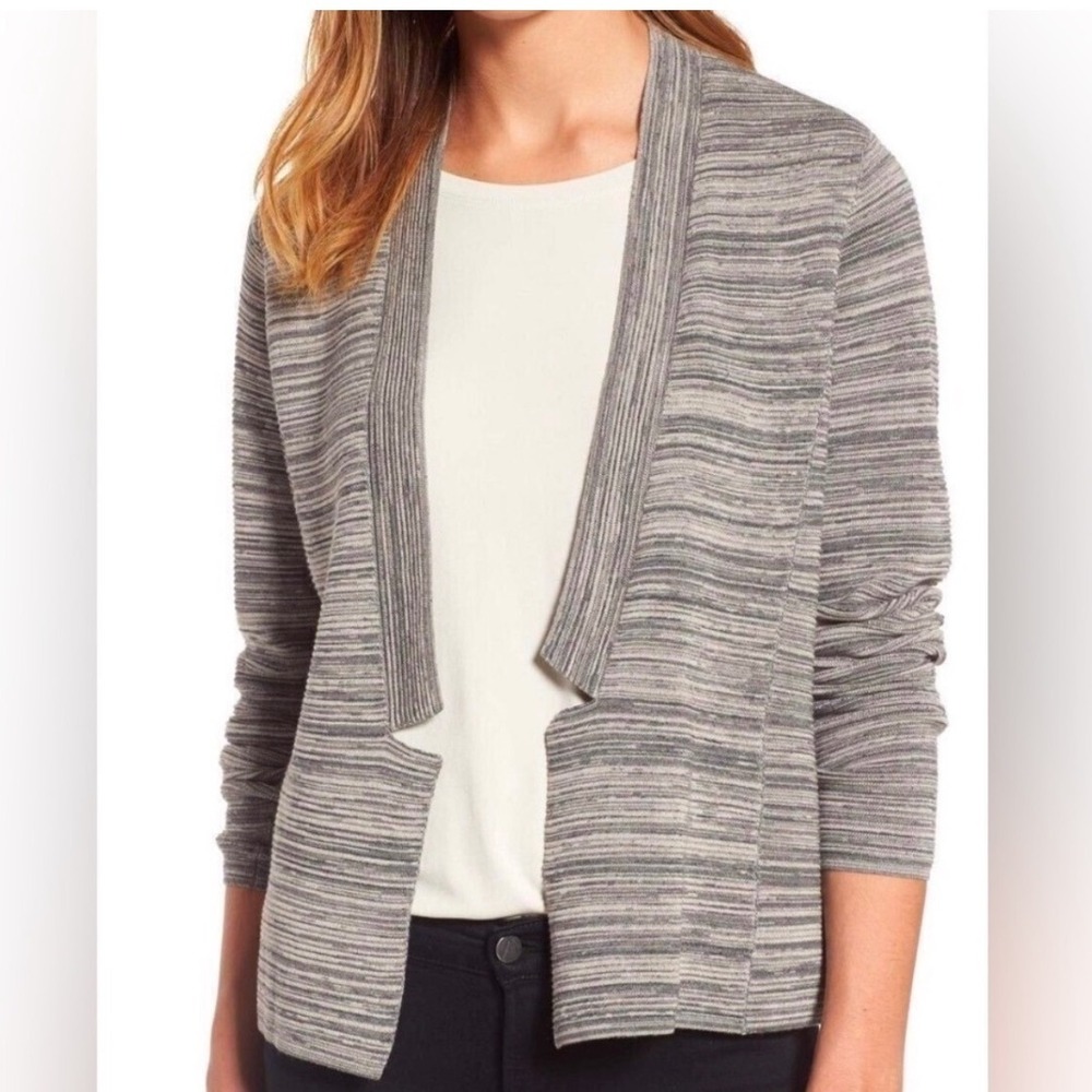 Eileen Fisher Womens Sz M Gray Heathered Stripe Notch Collar Cardigan Sweater